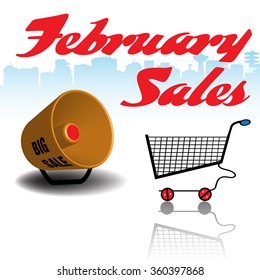 Abstract colorful background with megaphone, shopping cart and the text February sales written with red letters