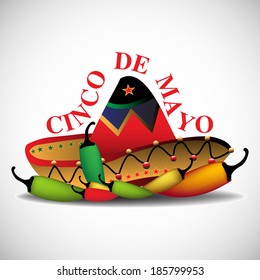 Abstract colorful background with mexican sombrero and hot peppers. Cinco de Mayo holiday theme