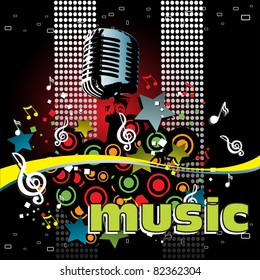 Abstract colorful background with microphone, colorful circles, stars ans musical notes. Music background