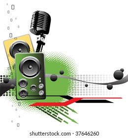 Abstract colorful background with microphone shape, two loudspeakers, black bubbles and green arrows. Music concept