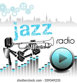 Abstract colorful background with a microphone trumpet player, play button and the text jazz radio written in blue and black