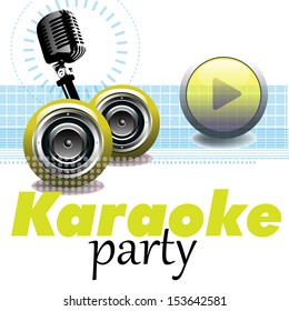 Abstract colorful background with microphone, yellow play button, loudspeakers and the text karaoke party written bellow