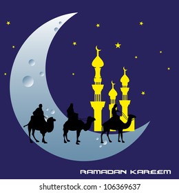 Abstract colorful background with minarets, moon, stars and three people traveling on camels. Ramadan Kareem holy month concept