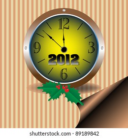 Abstract colorful background with mistletoe and a clock showing a few minutes before the New Year. New Year design