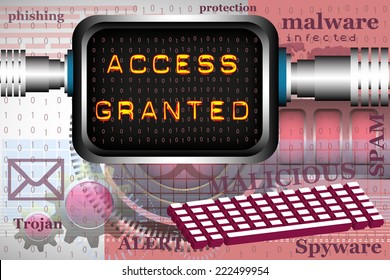 Abstract colorful background with a modern computer connected to the internet and the text access granted written on its screen