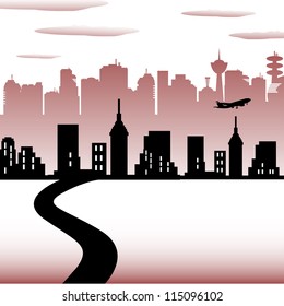 Abstract colorful background with modern skyscrapers and a road leading into the city. Cityscape design