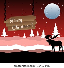 Abstract colorful background with a moose silhouette, full moon, fir trees and a wooden plate with the text Merry Christmas hanging in chains