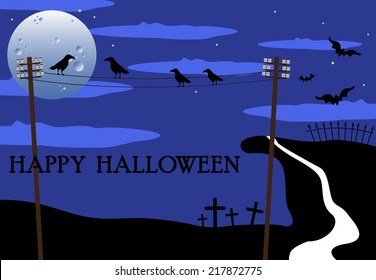 Abstract colorful background with more crows standing on electric wires and making noise on the Halloween night. Halloween concept