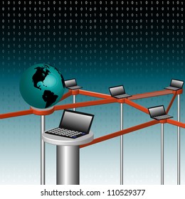 Abstract colorful background with more laptops connected through a network. Internet network concept
