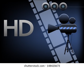 Abstract colorful background with movie projector, filmstrip and the letters h and d written with capital letters. High definition video concept