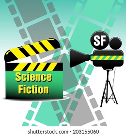 Abstract colorful background with movie projector, filmstrips and a clapboard with the text science fiction written with yellow letters. Science fiction movie concept