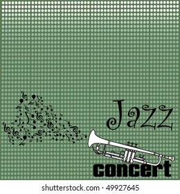 Abstract colorful background with musical notes coming out from a white trumpet. Jazz concert concept