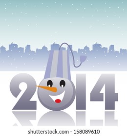 Abstract colorful background with the number 2014 reflecting on ice and a snowman's head standing instead of the zero number. New Year concept