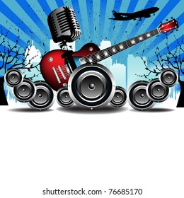 Abstract colorful background with old microphone, red electric guitar, loudspeakers, trees, building shapes and flying plane. Urban concert theme