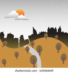 Abstract colorful background with a park in front of a city during the autumn season. Autumn concept