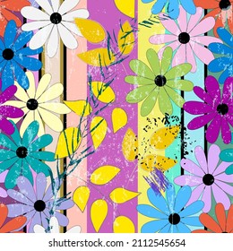 abstraktes, bunter Hintergrundmuster mit Kreise, Blumenverzierungen, Streifen, Farbstriche und -spritzen, nahtlos