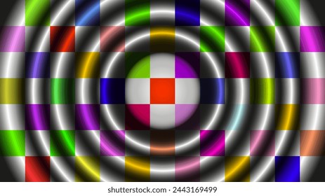 Abstract colorful background with pattern squares and glowing circles. Optical illusion effect. Vector illustration of banner, wallpaper, template, backdrop, flier.