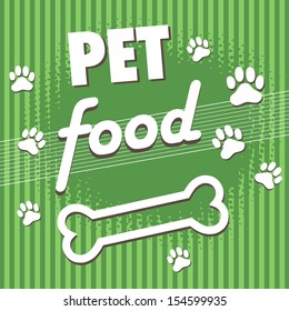 Abstract colorful background with paw prints, bone and the text pet food written with white letters