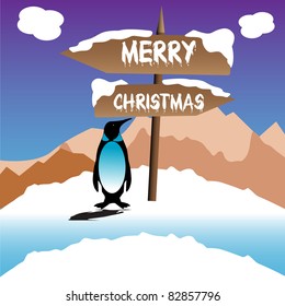 Abstract colorful background with a penguin staring at an indicator pointing two directions on which is written Merry Christmas. Christmas concept