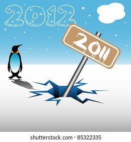 Abstract colorful background with a penguin watching a plate on which is written the number 2011 sinking under ice in a crack. Passing into the next year concept