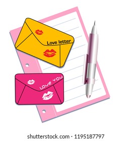 Abstract colorful background with pink notebook, pen and two love letters. Love letter concept