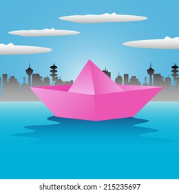 Abstract colorful background with a pink paper boat floating on water near a city