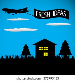 Abstract colorful background with a plane dragging a banner with the message fresh ideas
