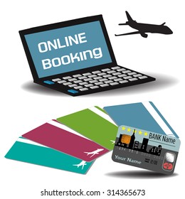 Abstract colorful background with plane silhouette, plane tickets, credit card and a laptop with the text online booking written on its screen