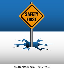 Abstract colorful background with a plate on which is written the text safety first, coming out from an ice crack. Safety concept