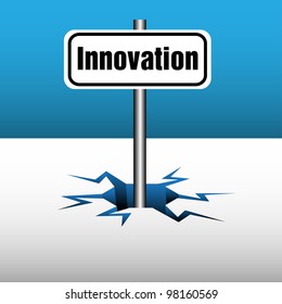 Abstract colorful background with a plate on which is written the word innovation coming out from an ice crack. Business innovation concept