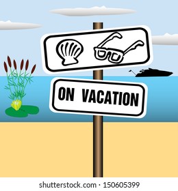 Abstract colorful background with a plate with the text on vacation stuck into the ground near a warm beach