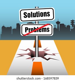 Abstract colorful background with a plate with the text problems and solutions. Problems are over, solutions ahead concept