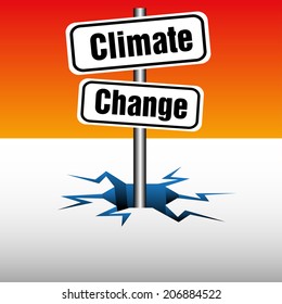 Abstract colorful background with a plate with the text climate change coming out from an ice crack