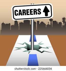 Abstract colorful background with a plate with the text careers coming out from a crack in the middle of a road