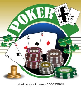 Abstract colorful background with poker cards, chips, clovers and golden coins. Poker concept