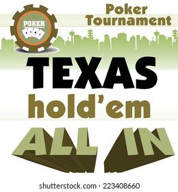 Abstract colorful background with poker chip and the text Texas Holdem All In written with huge words. Poker tournament concept
