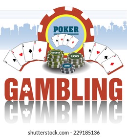 Abstract colorful background with poker chips, poker cards and the word gambling written below with capital letters