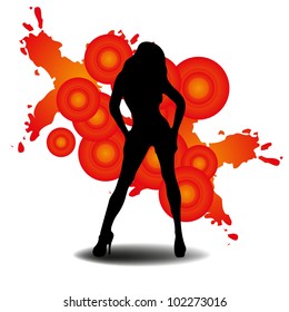 Abstract colorful background with pretty young woman on a fashion stage