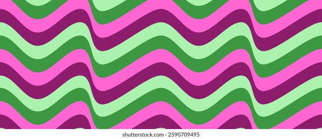 Abstract colorful background with psychedelic groovy waves seamless pattern in floral colors. Retro wavy pattern in pink, green, purple colour vector illustration in trendy 1970s
