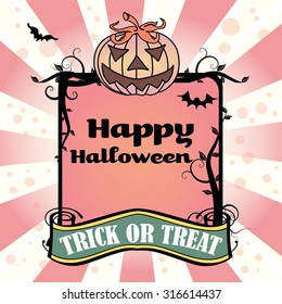 Abstract colorful background with pumpkin, frame with branches and the text Happy Halloween Trick or Treat written inside the frame. Halloween theme