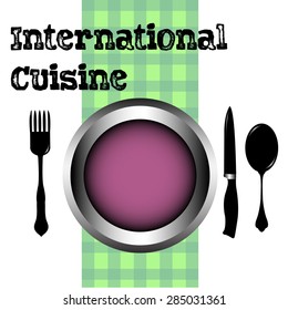 Abstract colorful background with purple plate, fork, spoon, knife and the text International cuisine written with black letters
