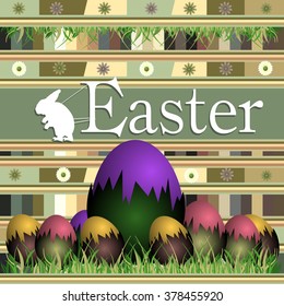 Abstract colorful background with rabbit silhouette pulling the word Easter and various colored eggs. Easter postcard concept