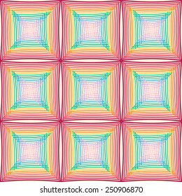 Abstract colorful background with rainbow squares of the lines. Vector illustration in zentangle style, optical illusion.