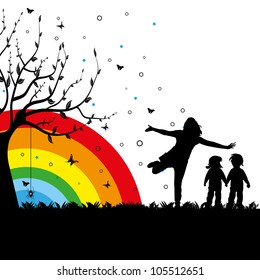 Abstract colorful background with rainbow, tree and kids playing. Playground theme
