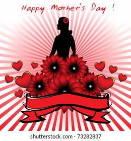 Abstract colorful background with red banner and flowers in front of a woman's silhouette. Mother's Day theme