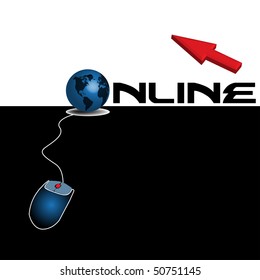 Abstract colorful background with red cursor, computer mouse and the word online written with capital letters
