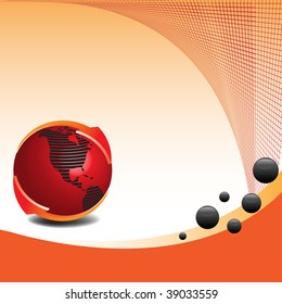 Abstract colorful background with red earth shape, two arrows and black bubbles. Corporate template