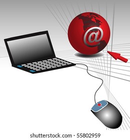Abstract colorful background with red globe, red cursor, mouse and laptop. World wide web theme