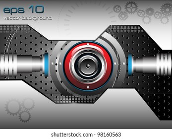 Abstract colorful background with red loudspeaker on metallic background. High tech design