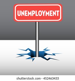 Abstract colorful background with a red plate with the text unemployment coming out from an ice crack